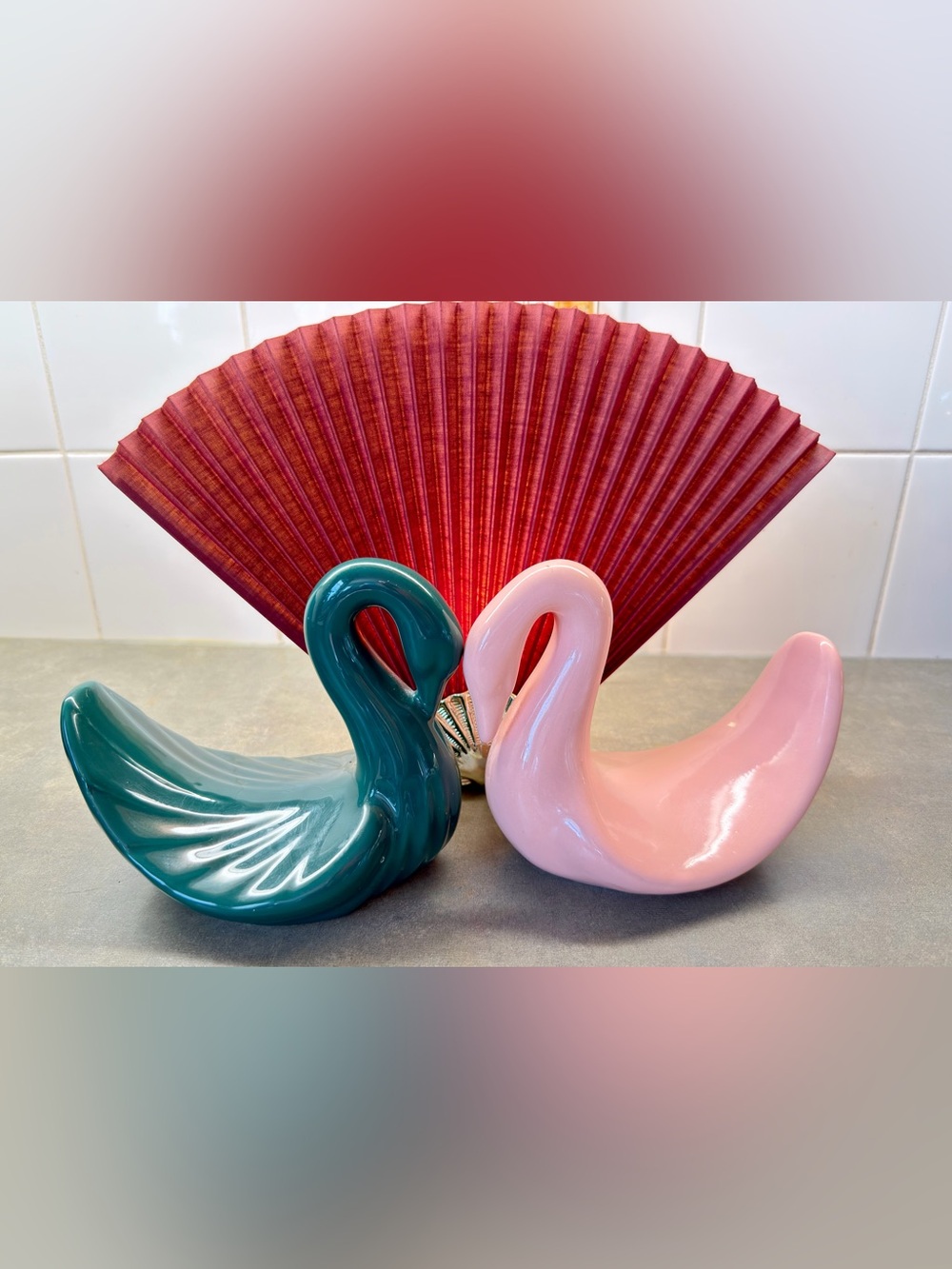 Set Of His/Hers Vintage Teal and Pink Ceramic Swan Towels Holders
